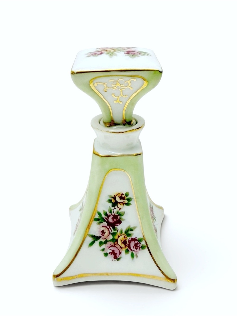 Vintage Porcelain Mint Green Gilt Floral Perfume Bottle Vanity Decor